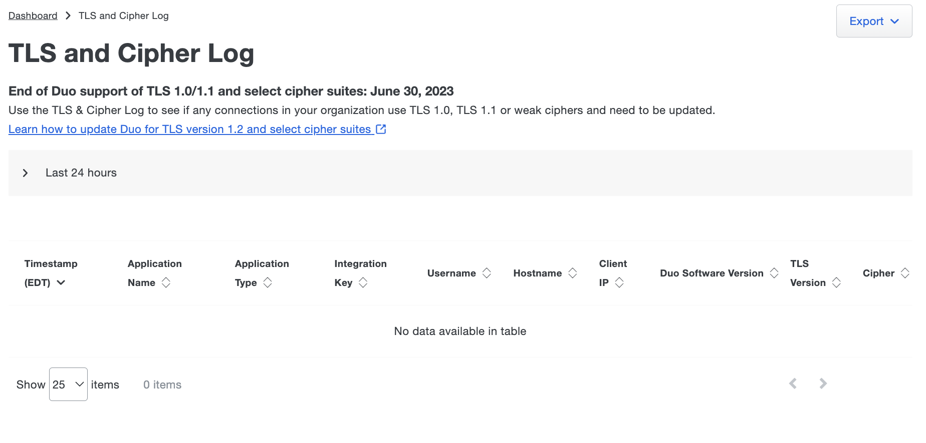 Guide to Duo's TLS and Cipher Log preview feature in the Duo Admin Panel