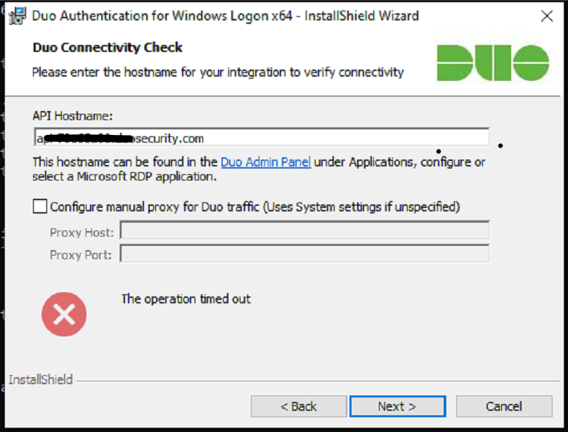 How do I resolve a "The operation timed out" error when installing Duo ...